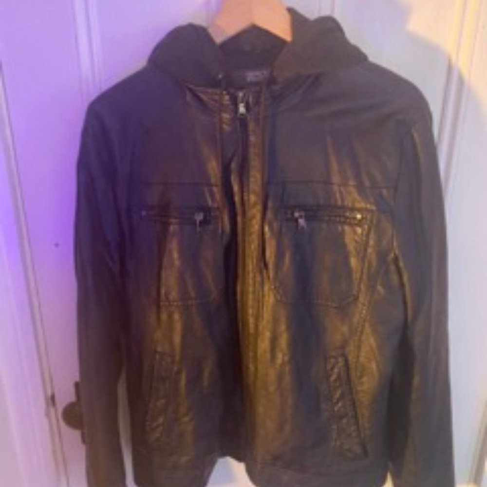 faux leather jacket with hood, deep blue